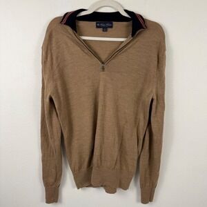 Brooks‎ Brothers Mens Tan Italian Yarn Quarter Zip Sweater Striped Collar Small